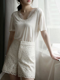 Cloud Cotton Lace Panel V-Neck Sheer T-Shirt_BDHL7303