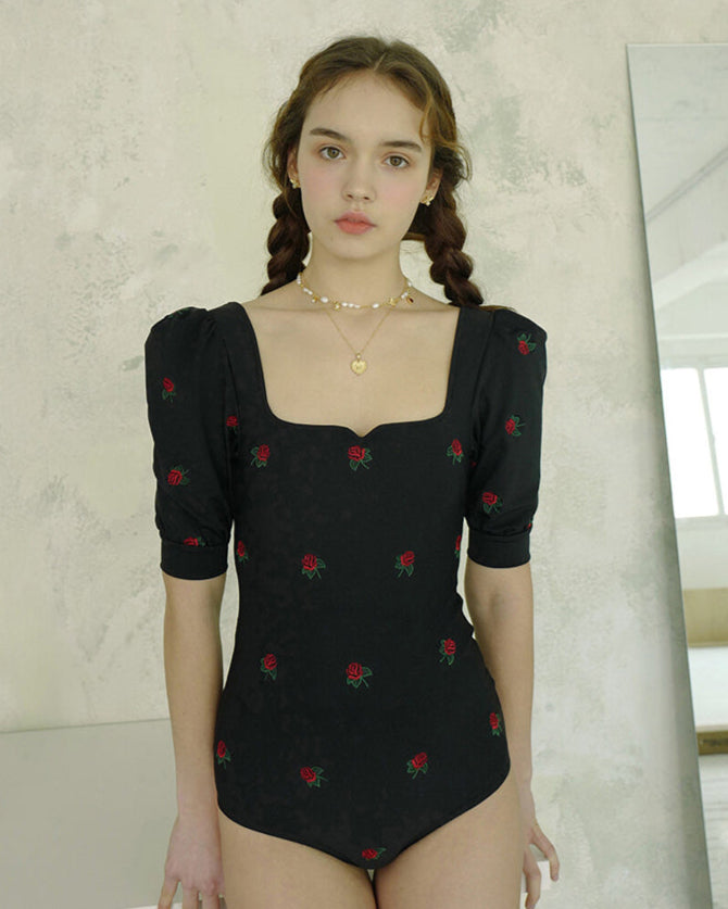 French Retro Puff Sleeve Backless Swimsuit_HL3236