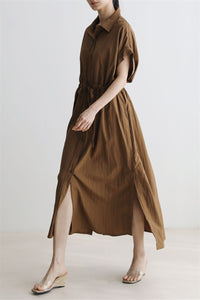 Loose-Fitting Waist Tie Slit Dress_BDHL7248
