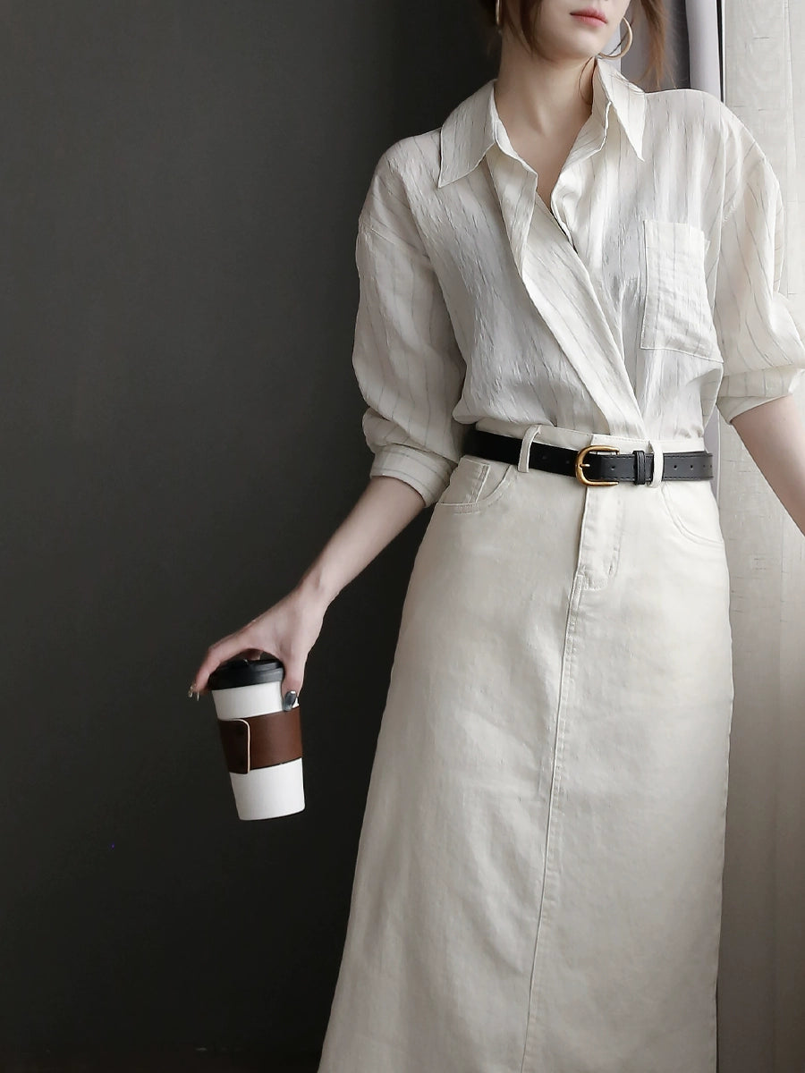 [In Stock/Only 1 Item] Striped Two-Button Relaxed Fit Cardigan Shirt_LCHK356