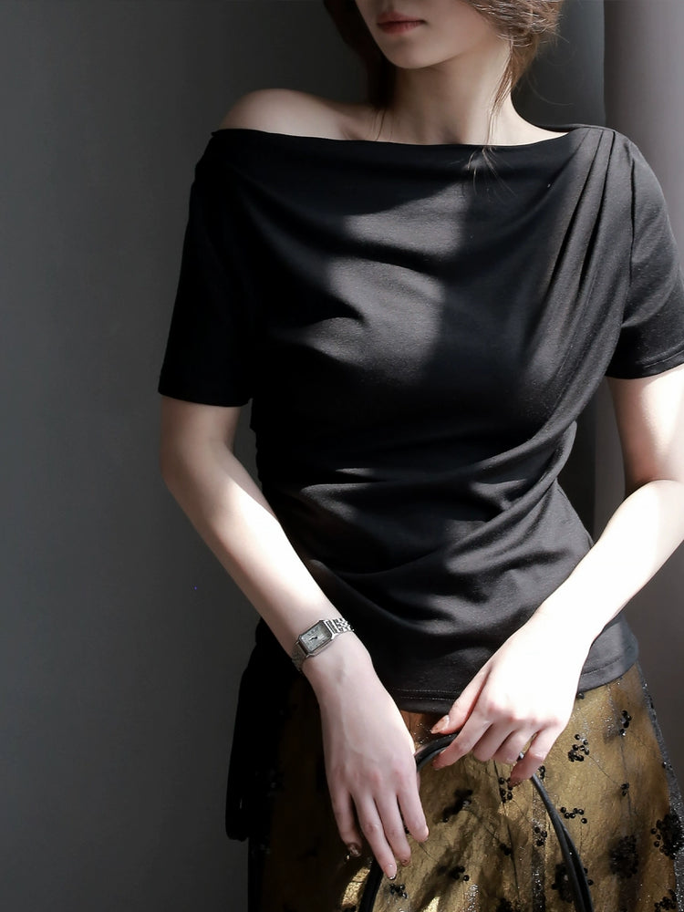 Swing Collar Side Lace Tencel Short Sleeve T-Shirt_BDHL7300