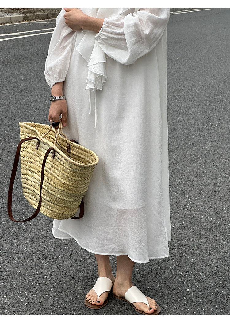 Ruffle V-neck Puff Sleeve Loose Long Dress_BDHL8262