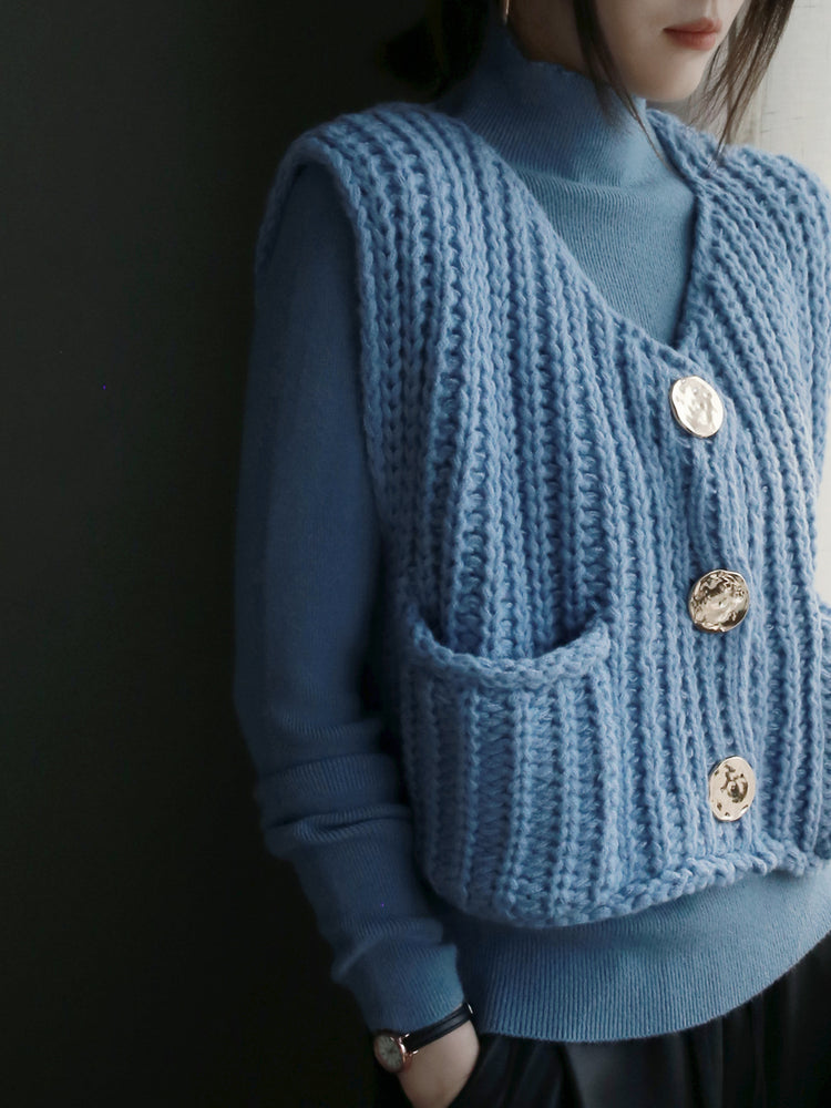 Half Turtleneck Knit And Thick Needle Vest Set_BDHL6780