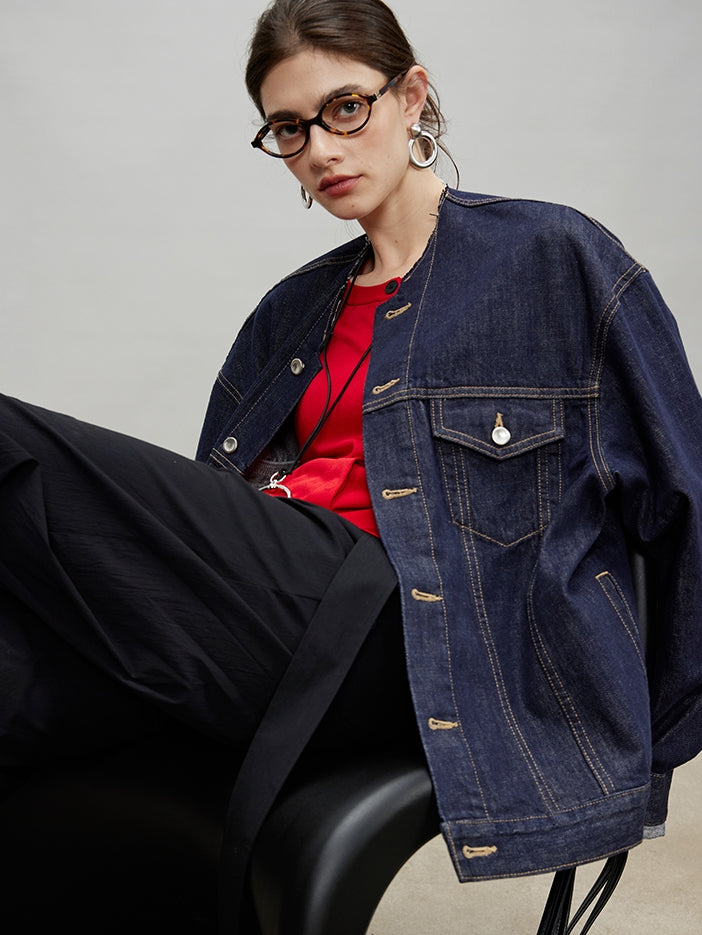 Retro Collarless Denim Jacket_BDHL7197