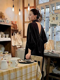 Black Open-Back Lapel Dress_BDHL7225