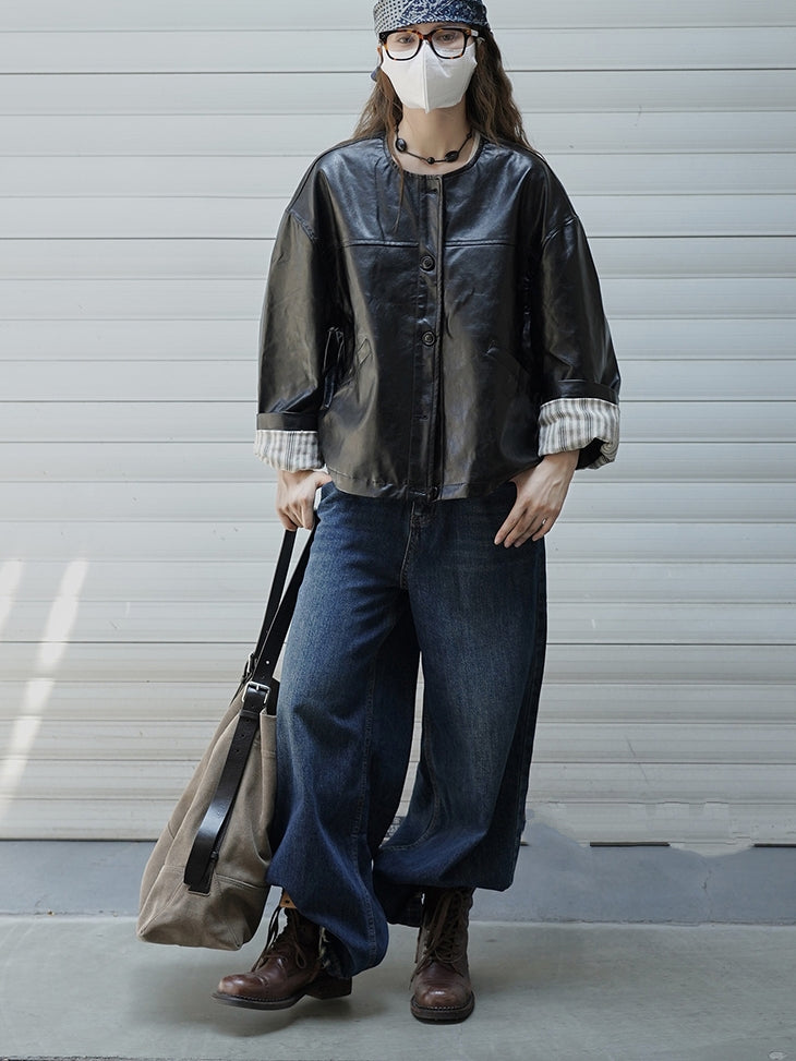Collarless Leather Jacket_BDHL7771