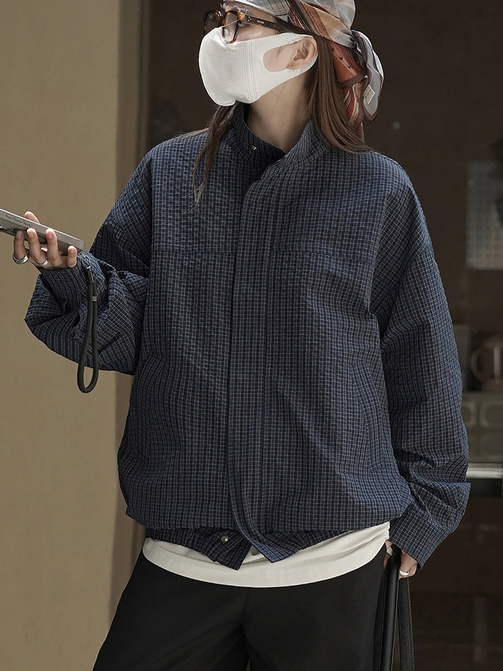 Check-Patterned Stand-Collar Jacket_BDHL7770