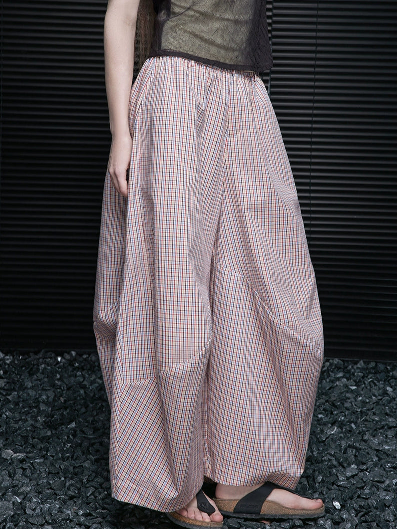 Pink Check Cotton Loose Wide-leg Slacks Pants_BDHL7638