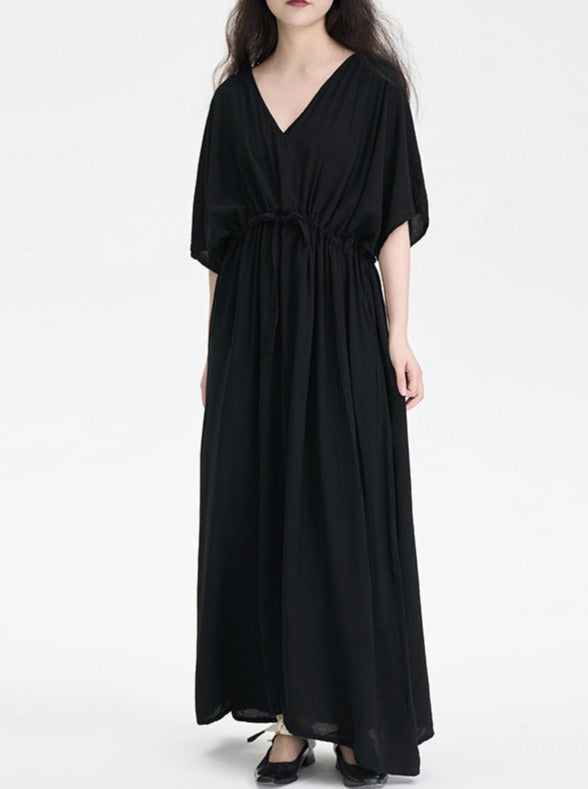 V-Neck Gathered Black Dress_BDHL6241