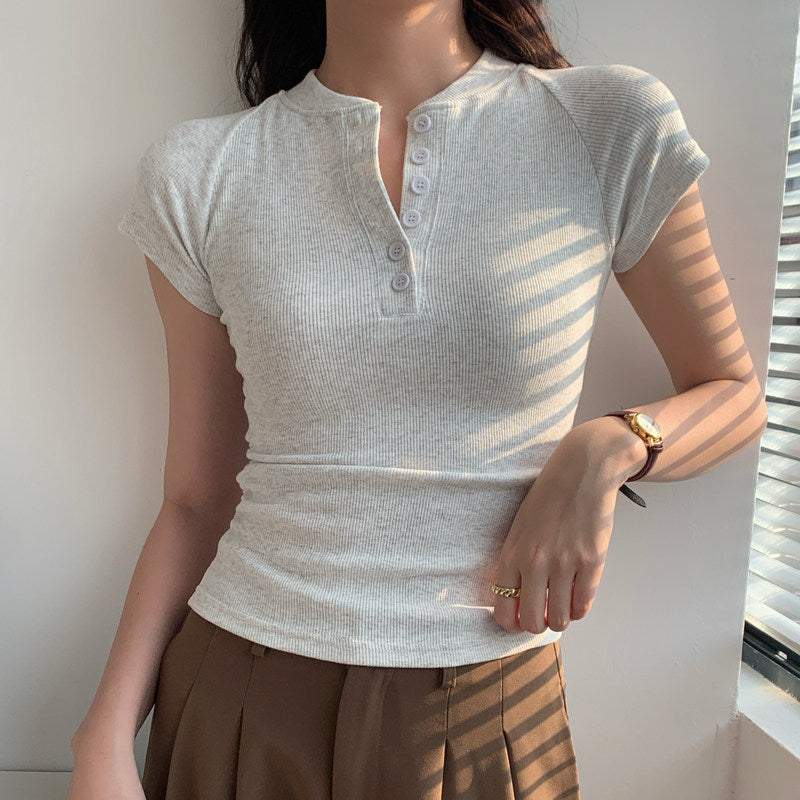 Ribbed Half-Placket Slim Tee_BDHL8364