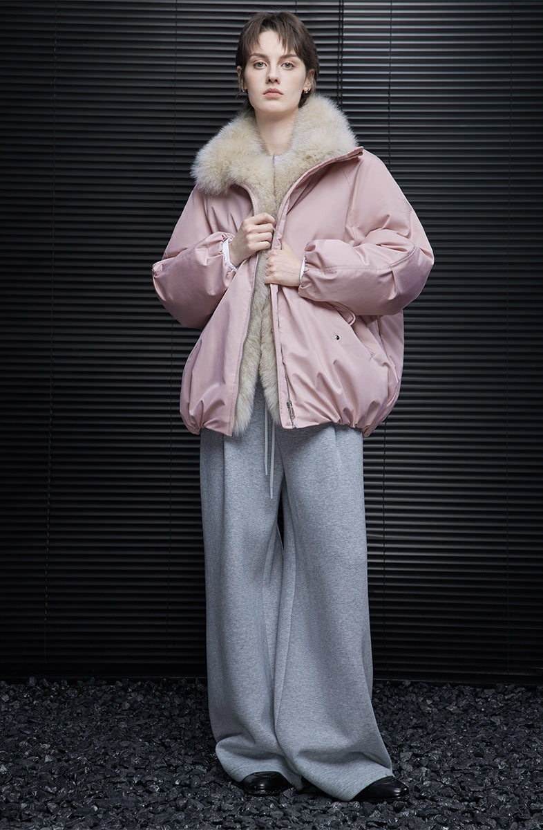Faux Fur Collar Pink Down Jacket_BDHL7868