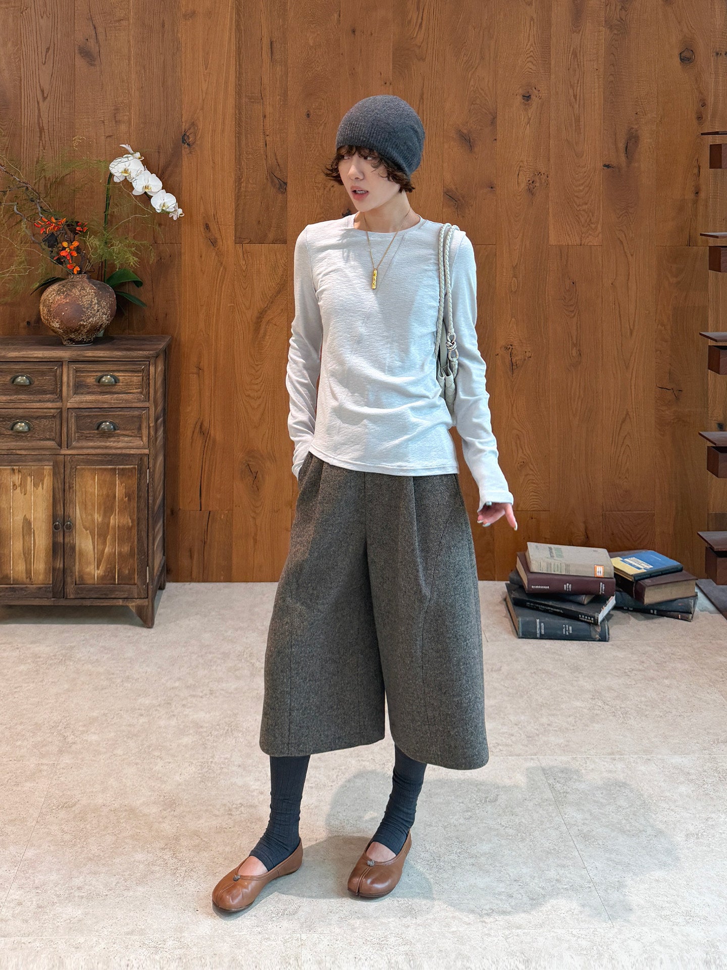 Wool Tie Waist Wide Cropped Pants_BDHL8423
