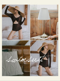 Twist Front Vintage Long Sleeve One-Piece Swimsuit_HL3240