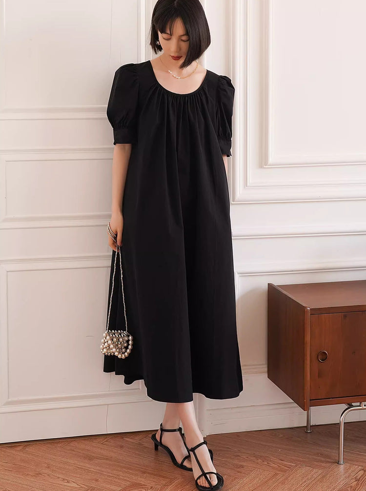 Pleated Loose Puff Sleeve Dress_BDHL6237