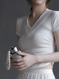 Side Pleated V-Neck T-Shirt_BDHL7416