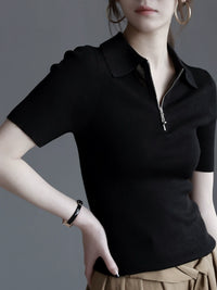 Lyocell Acetate Half-Zip Polo Knit Top_BDHL7302