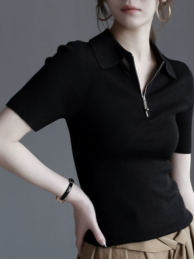 Lyocell Acetate Half-Zip Polo Knit Top_BDHL7302