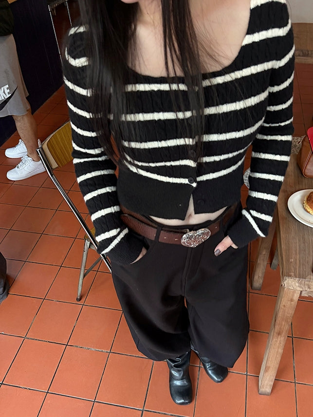 Square Neck Striped Cardigan_BDHL6824