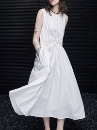 White Sleeveless Pleated Dress_BDHL6976