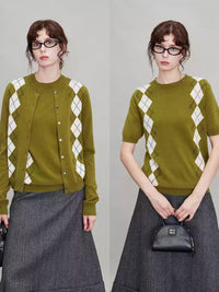 Green Argyle Short-Sleeved Tops Or Cardigan_BDHL6631