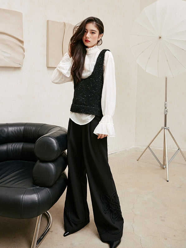 Glitter U-Neck Black Knitted Vest_BDHL6756