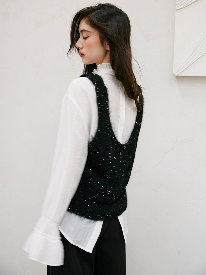 Glitter U-Neck Black Knitted Vest_BDHL6756