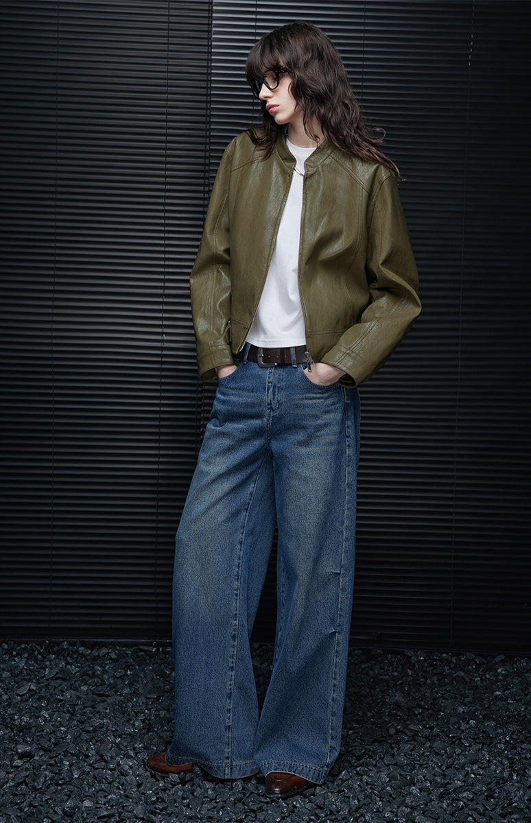 Green Short Leather Jacket_BDHL7798