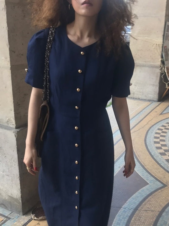Front Button Short-Sleeved Dress_BDHL7571