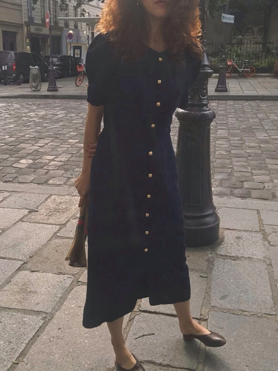 Front Button Short-Sleeved Dress_BDHL7571