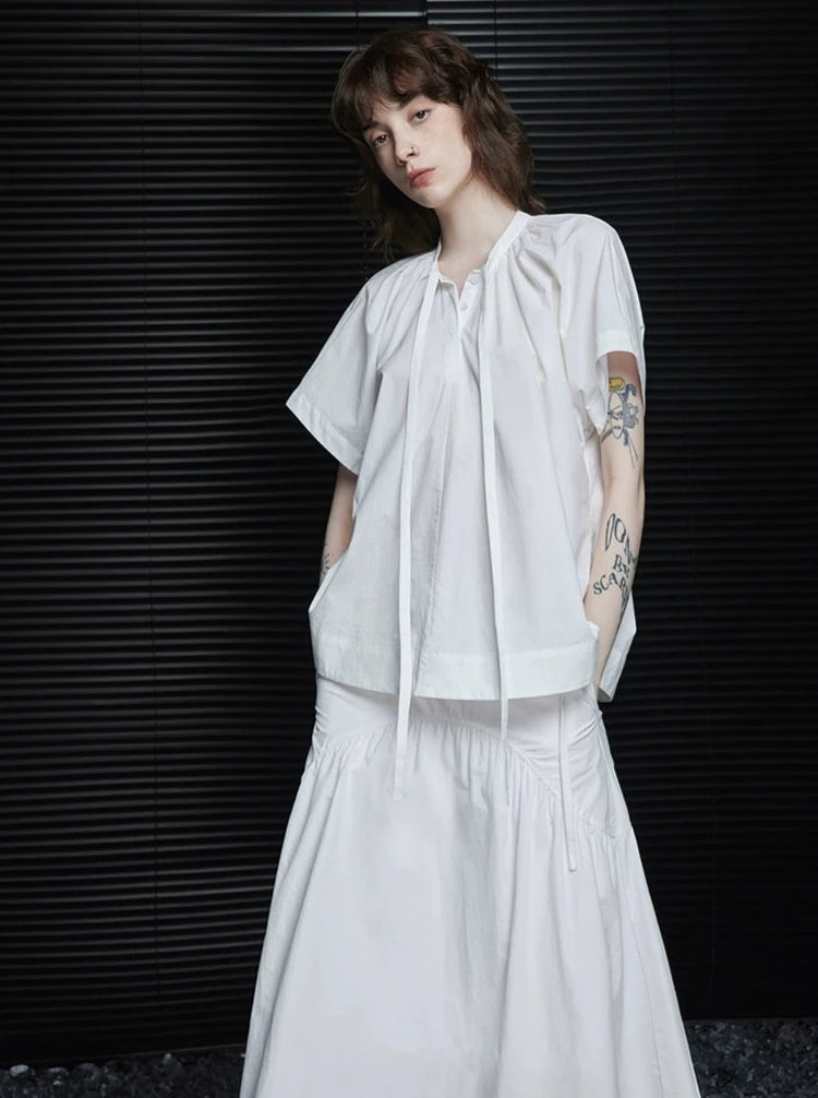 White Bow Tie Short Sleeve Shirt_BDHL6249