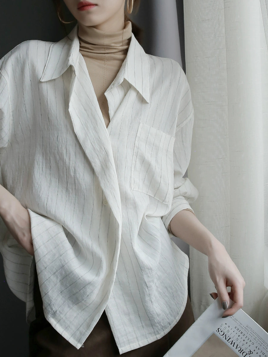 [In Stock/Only 1 Item] Striped Two-Button Relaxed Fit Cardigan Shirt_LCHK356