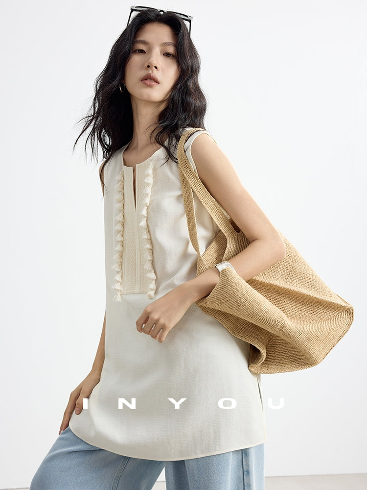 Fringe V-Neck Sleeveless Tops_BDHL7652