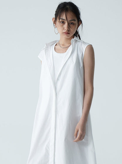 White Pleated Sleeveless Shirt Dress_BDHL6197