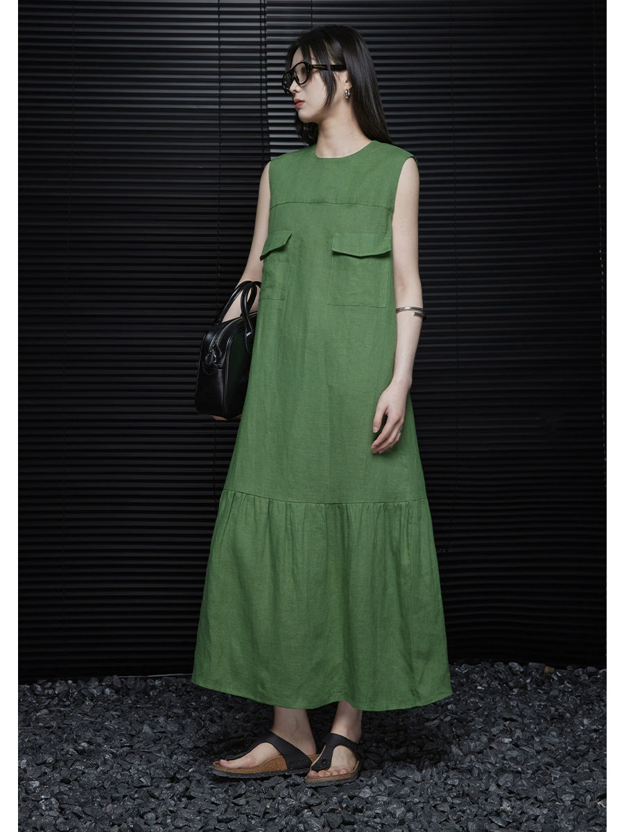 Linen sleeveless relaxed green dress_BDHL5907