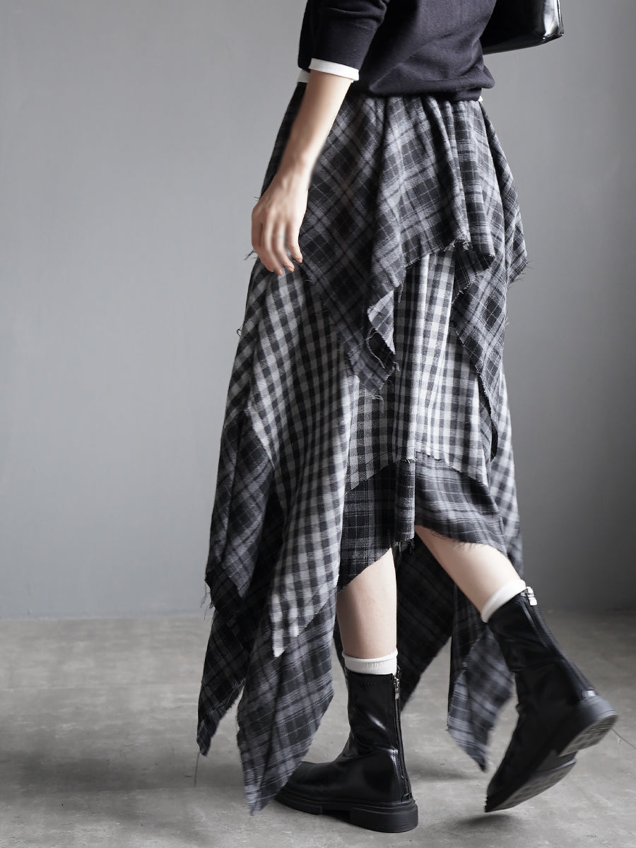 Checkered Asymmetrical Midi Skirt_BDHL7933