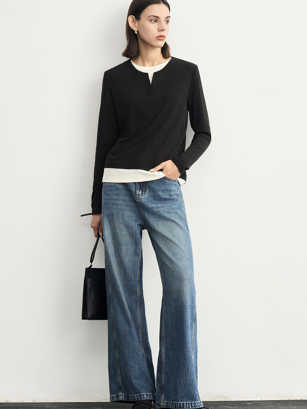 V-Neck Faux Two-Piece Tops_BDHL6624