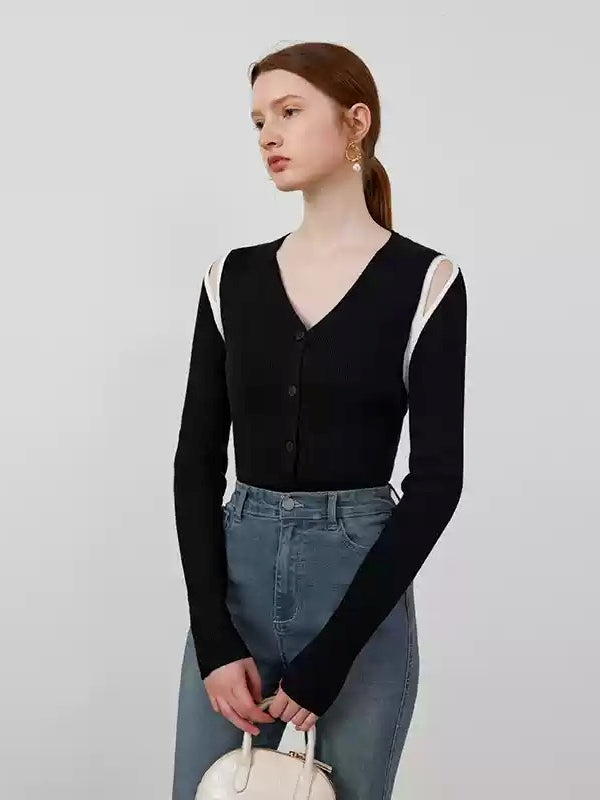 Shoulder Cut-Out V-Neck Cardigan_BDHL7143