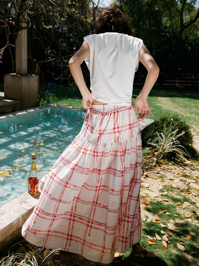 Red Chequered Swing Skirt_BDHL7473