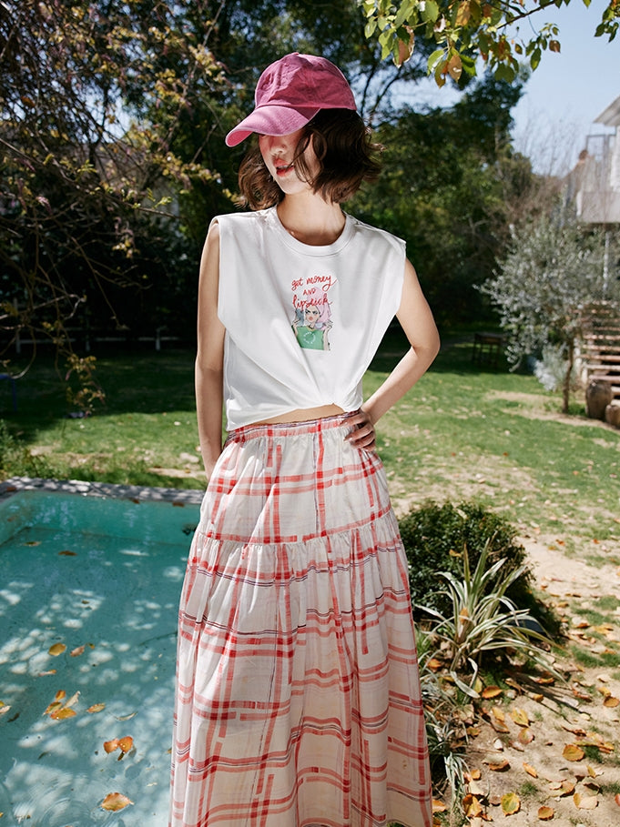 Red Chequered Swing Skirt_BDHL7473