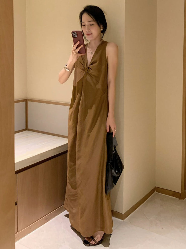 V-Neck Twist Long Dress_BDHL6180