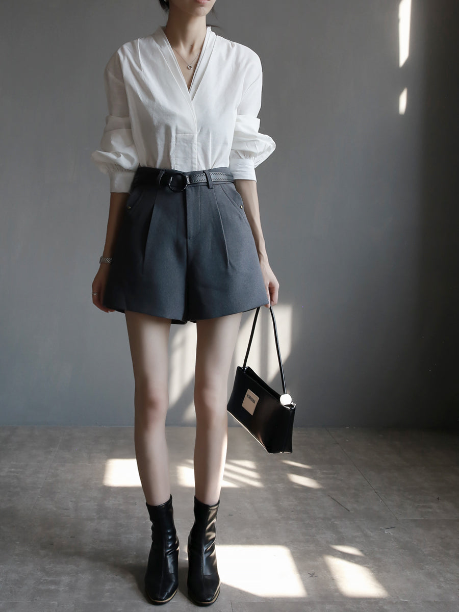 V-Neck Lantern Sleeve Tops_BDHL7914