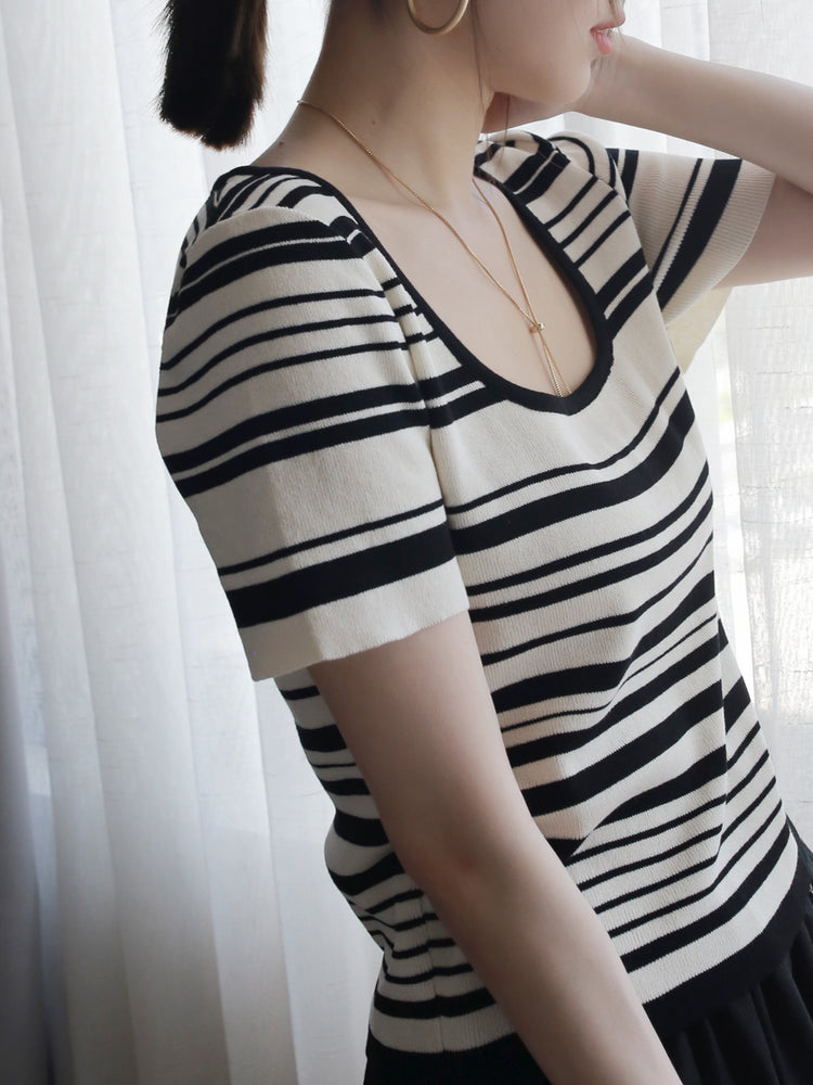 Striped Square Neck T-Shirt_BDHL6046