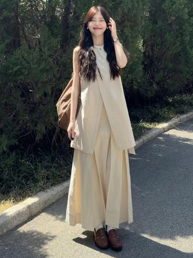 Sleeveless Tops And Pleated Skirt Set_BDHL7567
