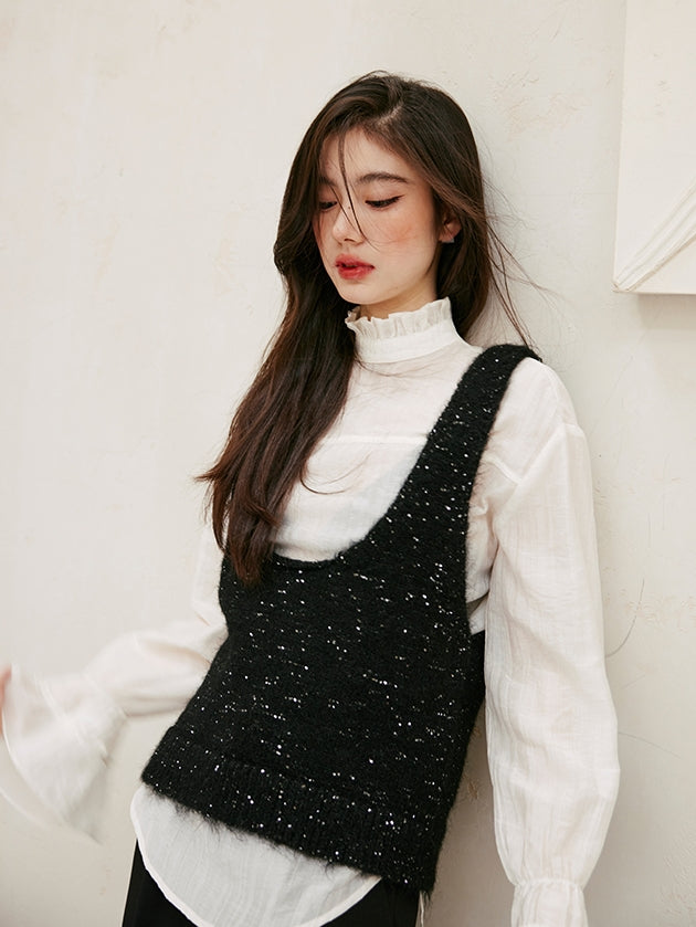 Glitter U-Neck Black Knitted Vest_BDHL6756