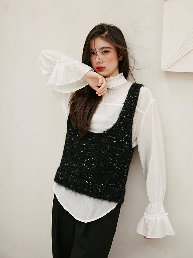 Glitter U-Neck Black Knitted Vest_BDHL6756