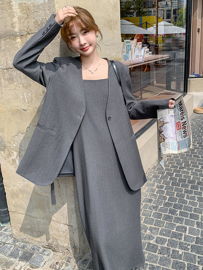 No Collar Jacket And Dress Suit Set_BDHL7562
