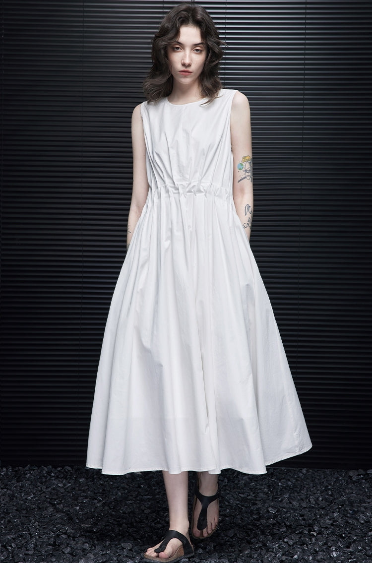 White Sleeveless Pleated Dress_BDHL6976