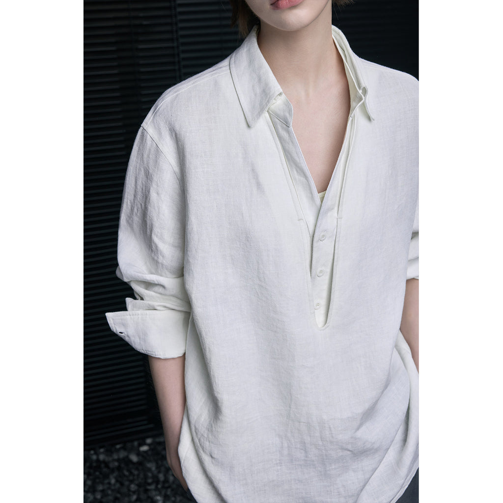 Faux Layered V-Neck Linen Long-Sleeve Shirt_BDHL8283
