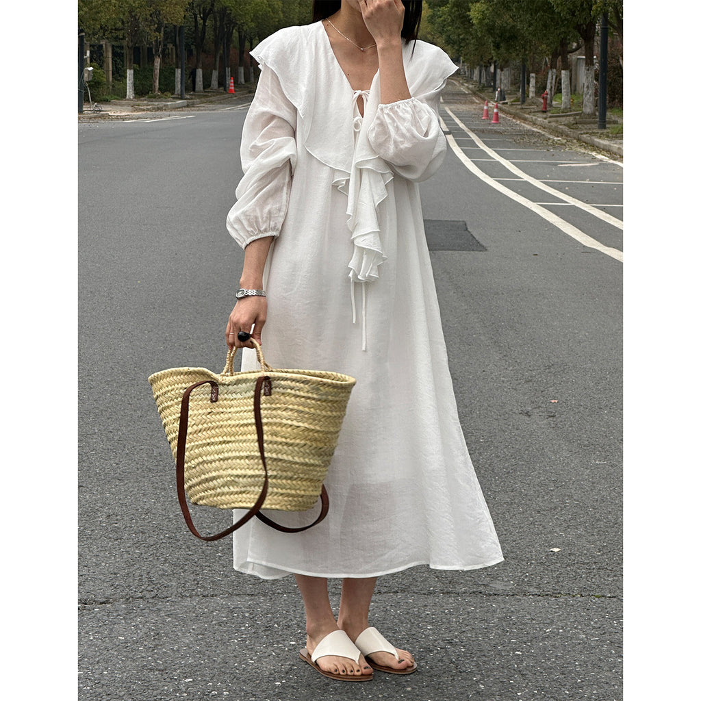 Ruffle V-neck Puff Sleeve Loose Long Dress_BDHL8262