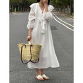 Ruffle V-neck Puff Sleeve Loose Long Dress_BDHL8262